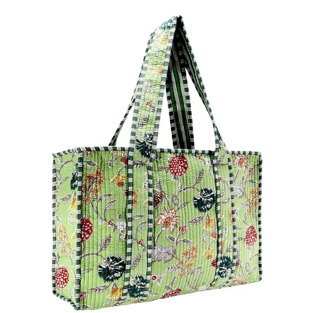 Floral Quilted Tote Bag in Light Green